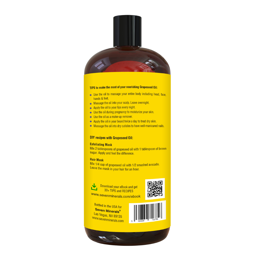 Seven Minerals, Grape Seed Oil, Cold Pressed and Pure, Unscented Seven Minerals, Grape Seed Oil, Cold Pressed and Pure, Unscented